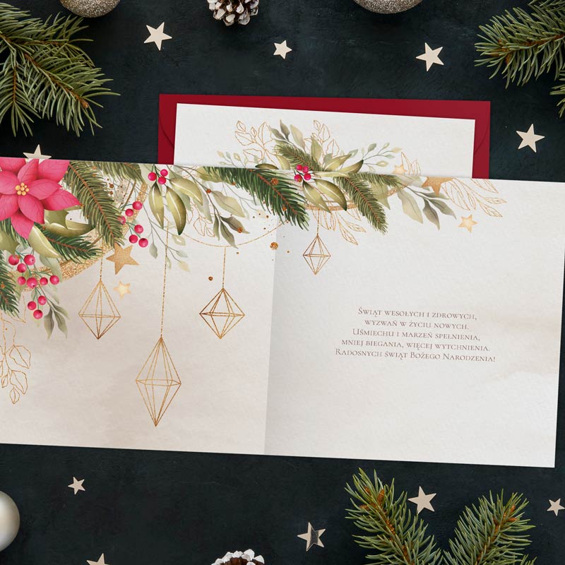Kartki świąteczne z życzeniami CHOINKOWA BOMBKA + KOPERTA