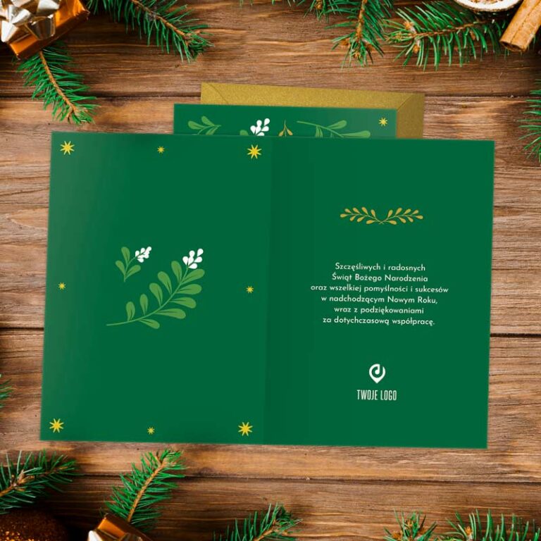 Kartki świąteczne firmowe ZIELONE GAŁAZKI z Twoim logo
