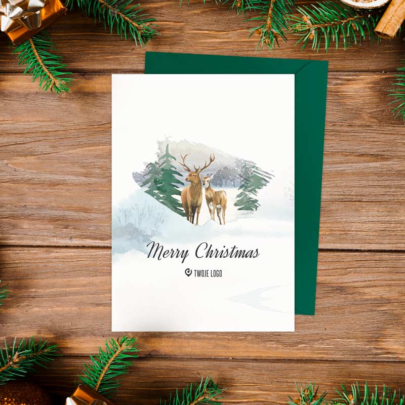 Kartki świąteczne firmowe ŚNIEŻNE JELONKI z Twoim logo