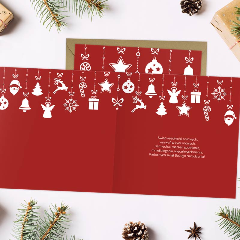 Kartki świąteczne z życzeniami WISZĄCE DEKORACJE + KOPERTA