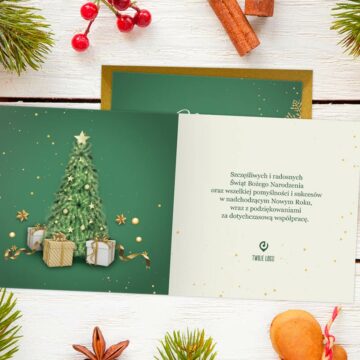 Firmowe kartki świąteczne ZIELONA BOMBKA z Twoim logo