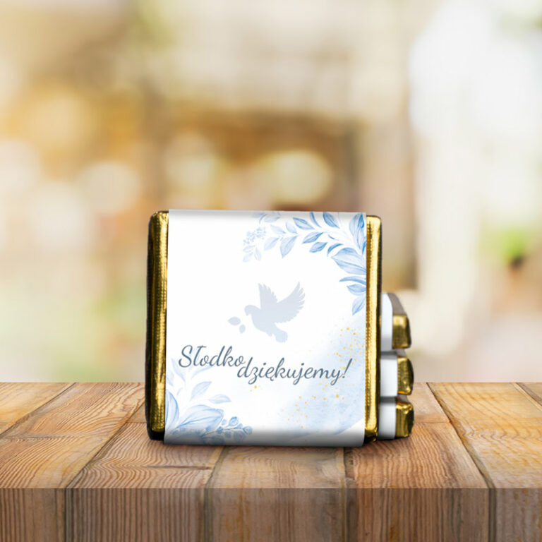 Czekoladka słodkie podziękowanie dla gości błękitny gołąbek awers