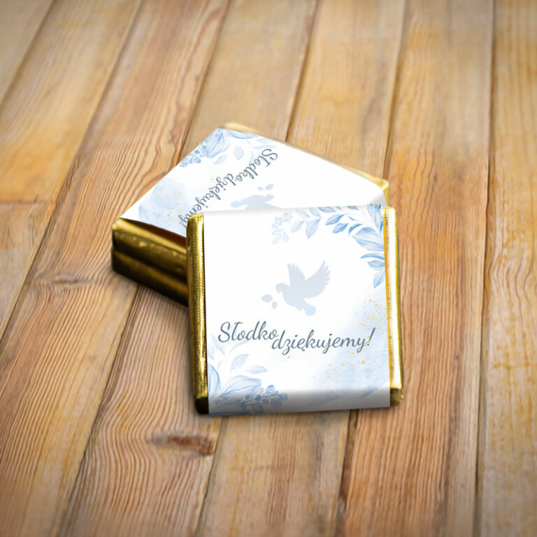 Czekoladka słodkie podziękowanie dla gości błękitny gołąbek rewers