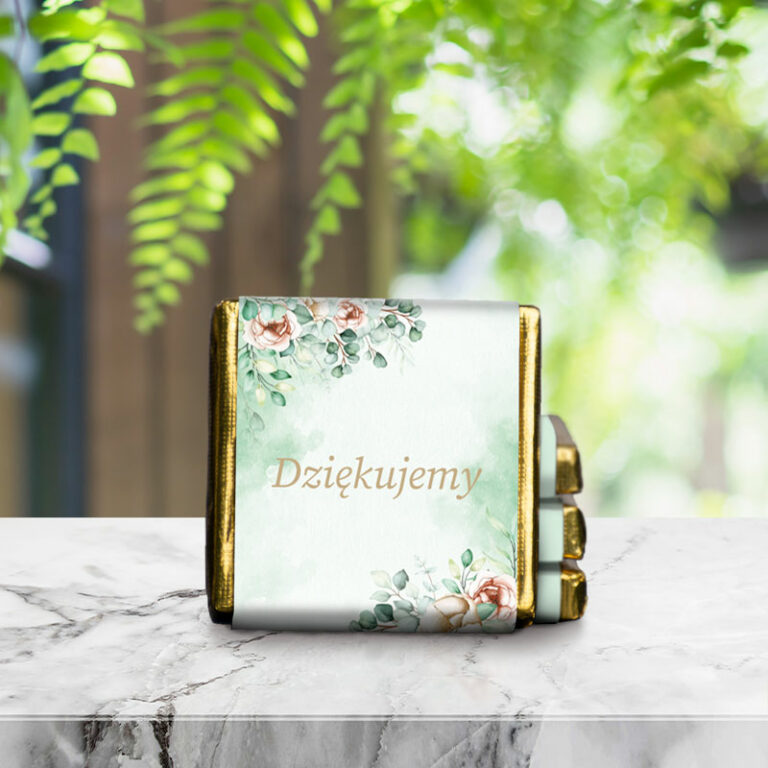 Czekoladka słodkie podziękowanie dla gości zielona akwarela awers