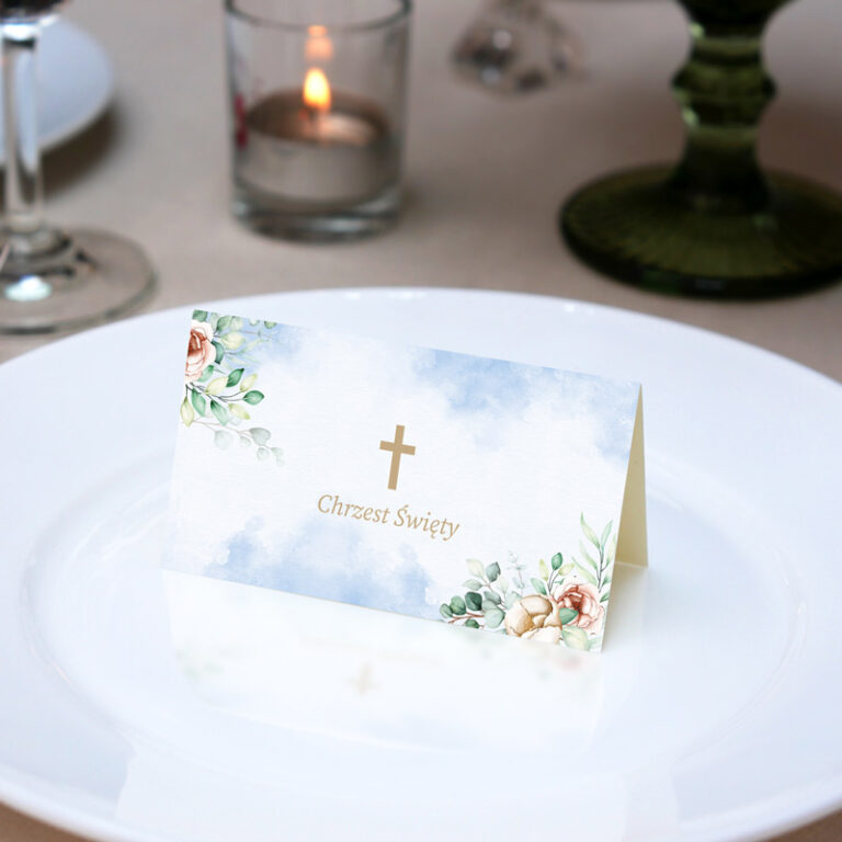 Winietka uniwersalna na Chrzet Święty NIEBIESKA AKWARELA awers 10 szt.