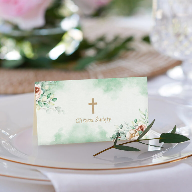 Winietka uniwersalna na Chrzet Święty ZIELONA AKWARELA awers 10 szt.
