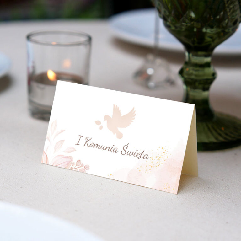 Winietka uniwersalna na Pierwszą Komunię Świętą Różowy Gołąbek rewers