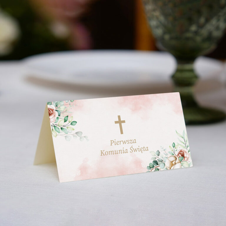Winietka Pierwsza Komunia Święta różowa akwarela rewers