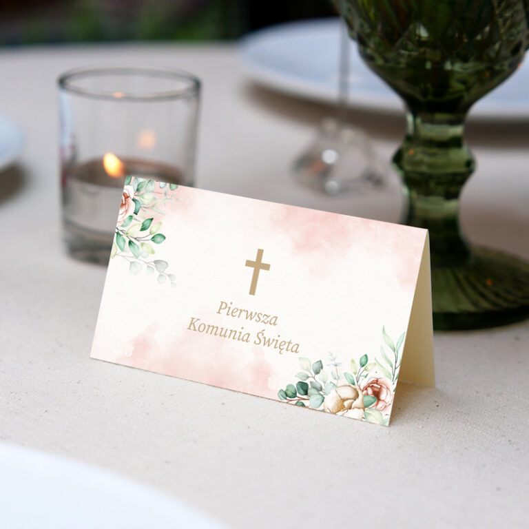 Winietka uniwersalna na Pierwszą Komunię Świętą RÓŻOWA AKWARELA awers 10 szt.