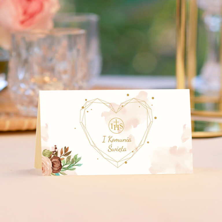 Winietka personalizowana na Pierwszą Komunię Świętą Różowa Róża awers