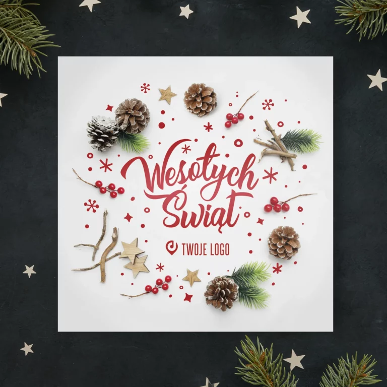 Kartki świąteczne z logo firmy GWIAZDKOWA SZYSZKA