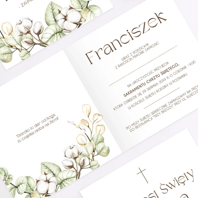 Zaproszenia personalizowane na chrzest BAWEŁNA