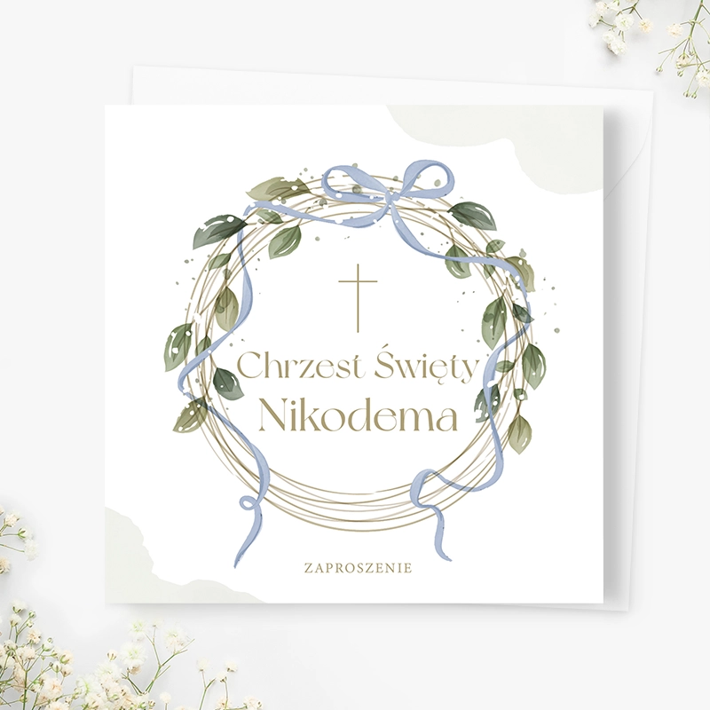 Zaproszenia personalizowane na chrzest NIEBIESKA WSTĄŻKA