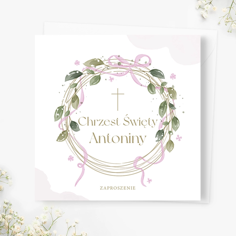 Zaproszenia personalizowane na chrzest RÓŻOWA WSTĄŻKA