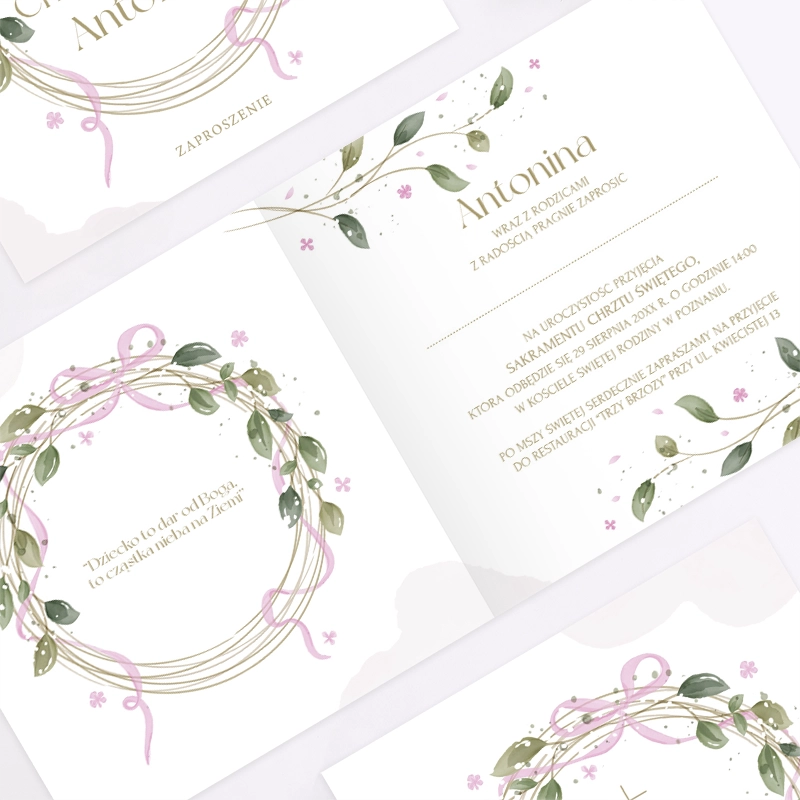 Zaproszenia personalizowane na chrzest RÓŻOWA WSTĄŻKA