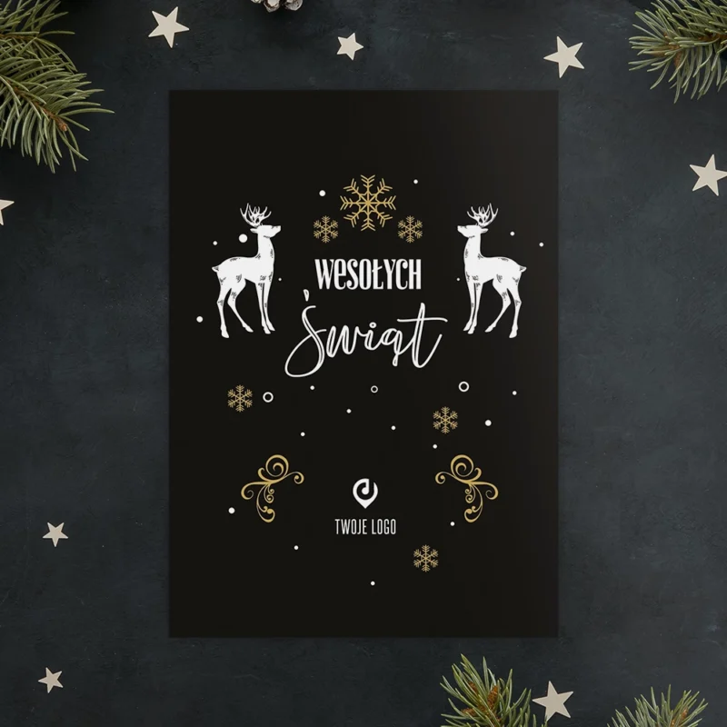 Kartki świąteczne firmowe BIAŁE RENIFERY z Twoim logo