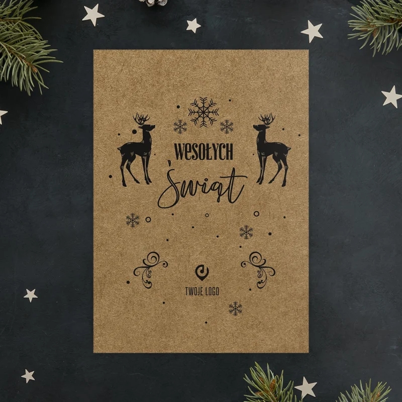 Kartki świąteczne firmowe CZARNE RENIFERY ECO z Twoim logo