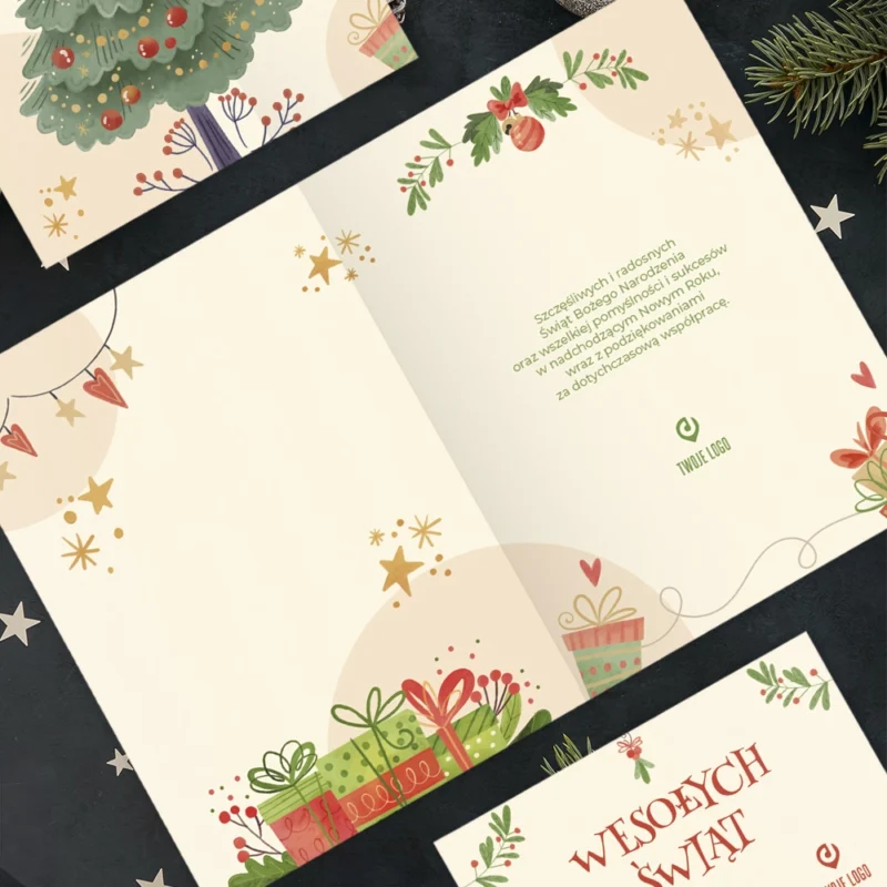 Kartka świąteczna CZERWONE BOMBKI z Twoim logo