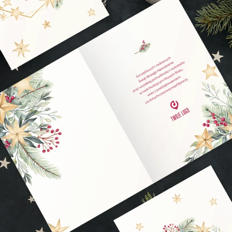 Kartki świąteczne firmowe JARZĘBINA I ŚWIERK z Twoim logo