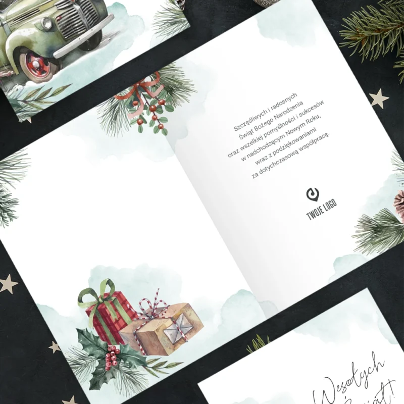 Kartka świąteczna DOSTAWA PREZENTÓW z Twoim logo