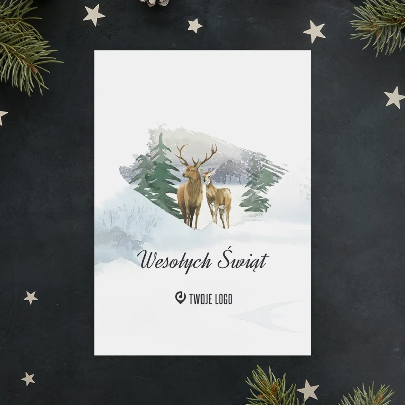 Kartki świąteczne firmowe ŚNIEŻNE JELONKI z Twoim logo