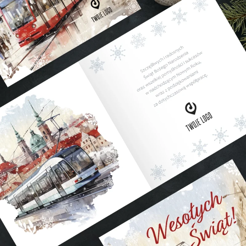 Kartka świąteczna ŚNIEŻNY TRAMWAJ z Twoim logo
