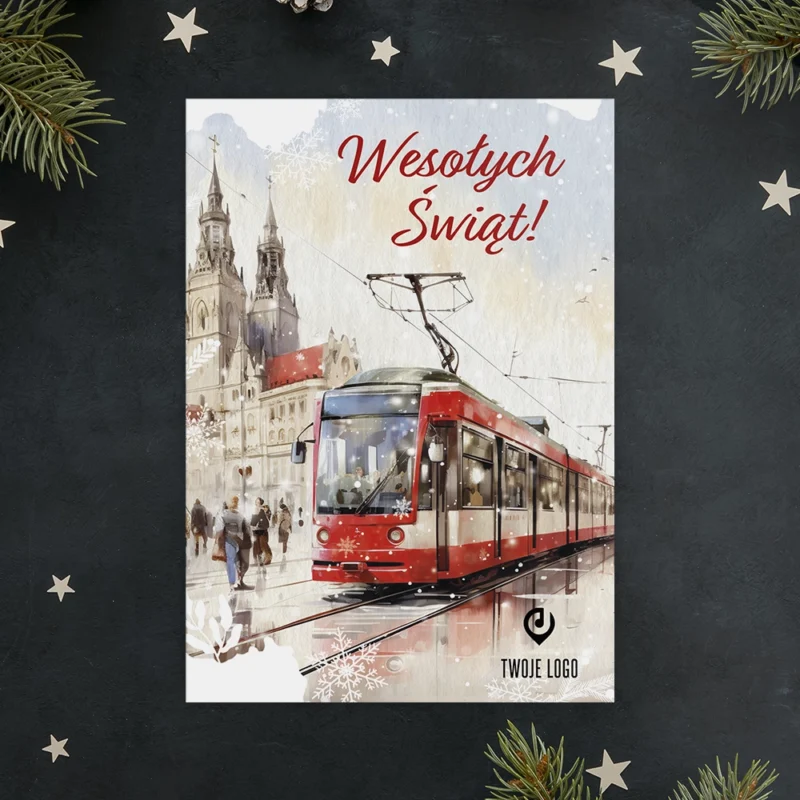 Kartka świąteczna ŚNIEŻNY TRAMWAJ z Twoim logo