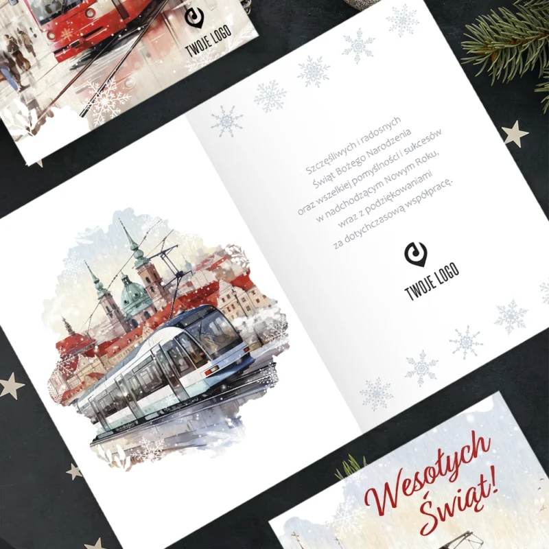 Kartka świąteczna ŚNIEŻNY TRAMWAJ z Twoim logo