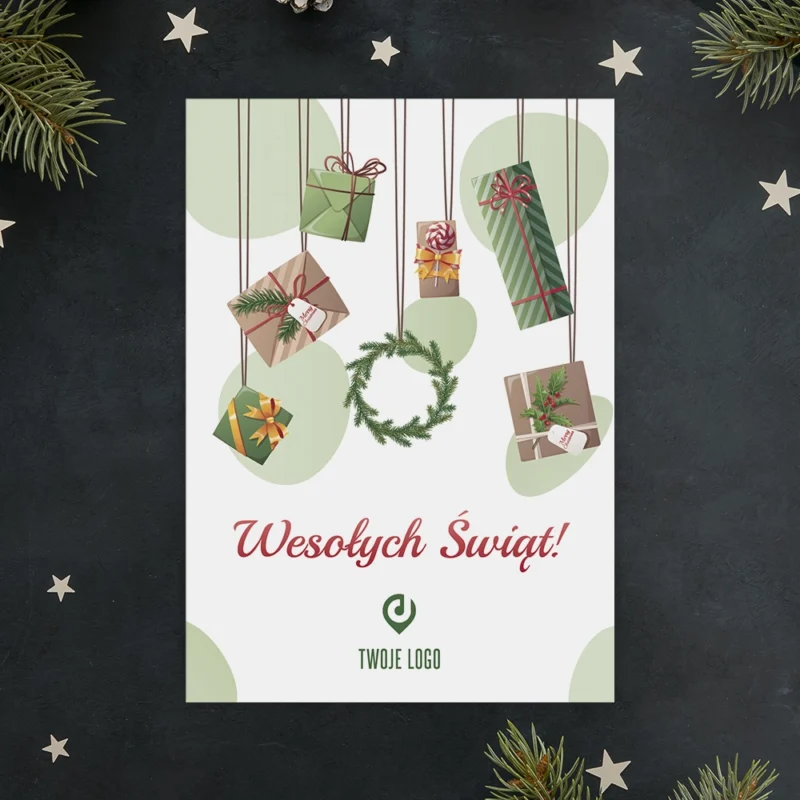 Kartka świąteczna WISZĄCE PREZENTY z Twoim logo