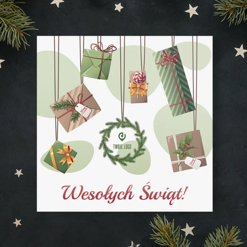 Kartka świąteczna WISZĄCE PREZENTY z Twoim logo