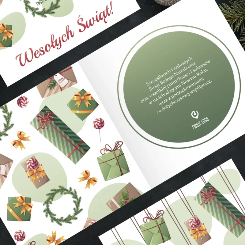 Kartka świąteczna WISZĄCE PREZENTY z Twoim logo