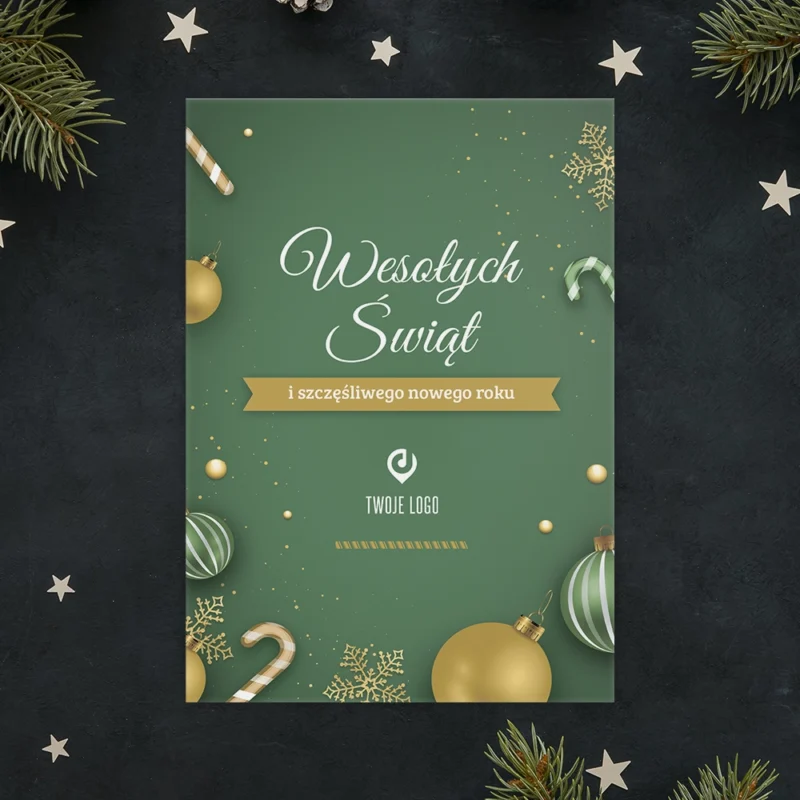 Kartka świąteczna ZIELONA BOMBKA z Twoim logo