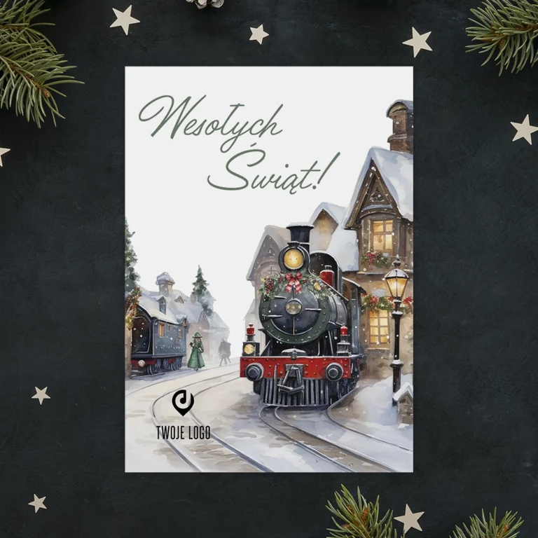 Kartka świąteczna ZIMOWY POCIĄG z Twoim logo