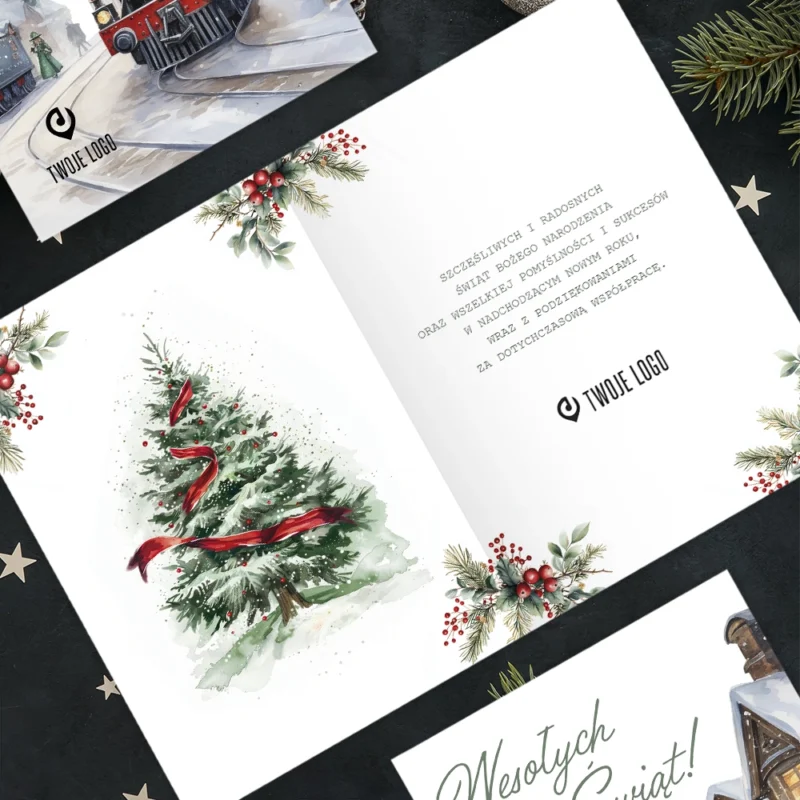 Kartka świąteczna ZIMOWY POCIĄG z Twoim logo