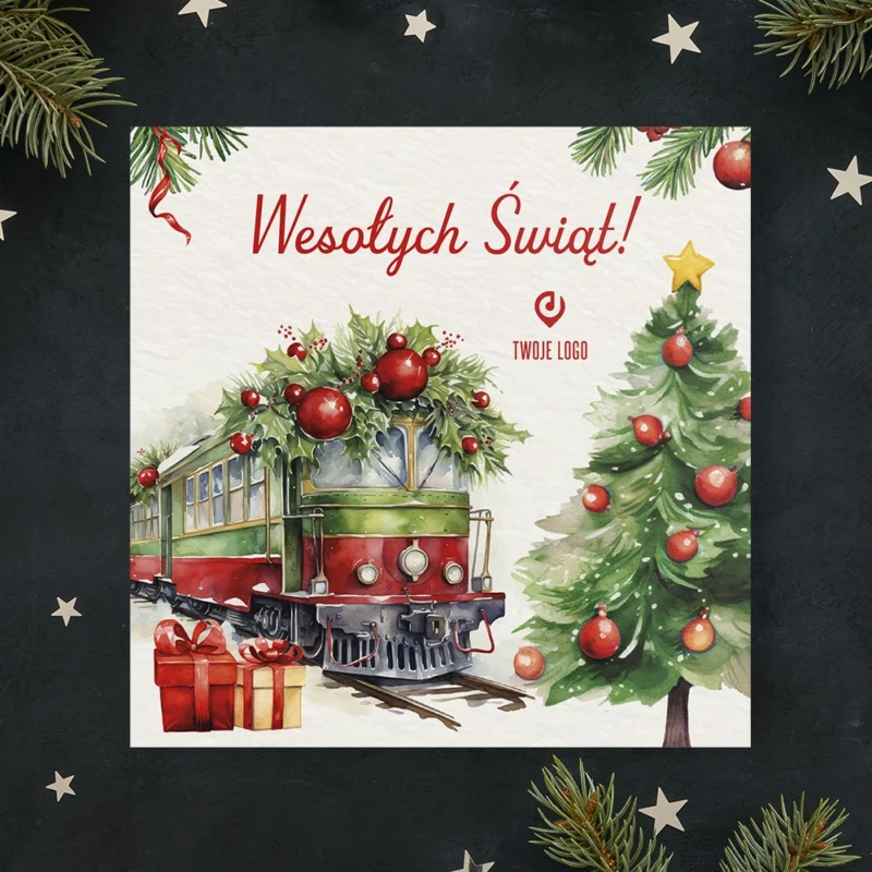 Kartka świąteczna ŚWIĄTECZNA LOKOMOTYWA z Twoim logo