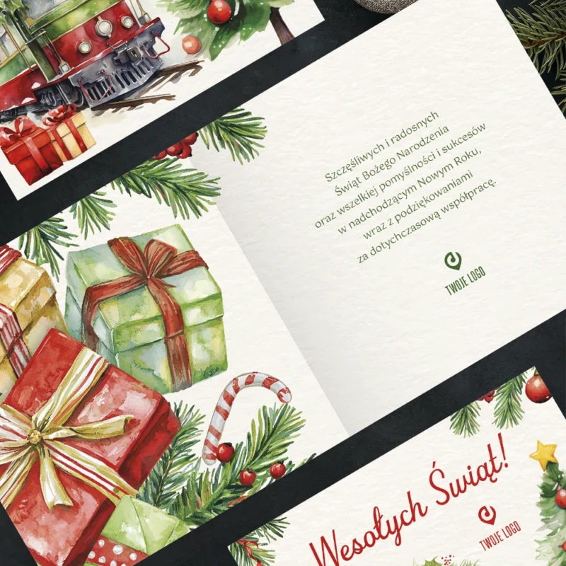 Kartka świąteczna ŚWIĄTECZNA LOKOMOTYWA z Twoim logo