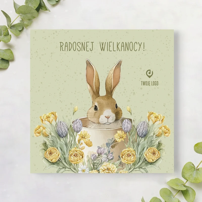 Kartka wielkanocna ZAJĄC W KWIATACH z Twoim logo
