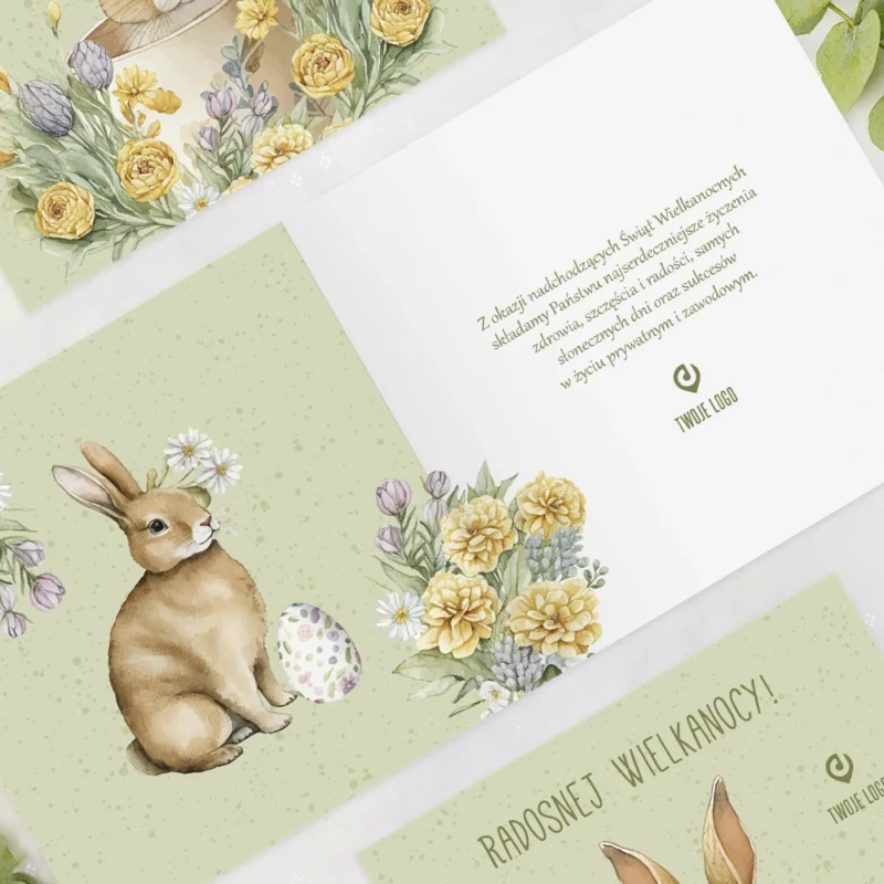Kartka wielkanocna ZAJĄC W KWIATACH z Twoim logo